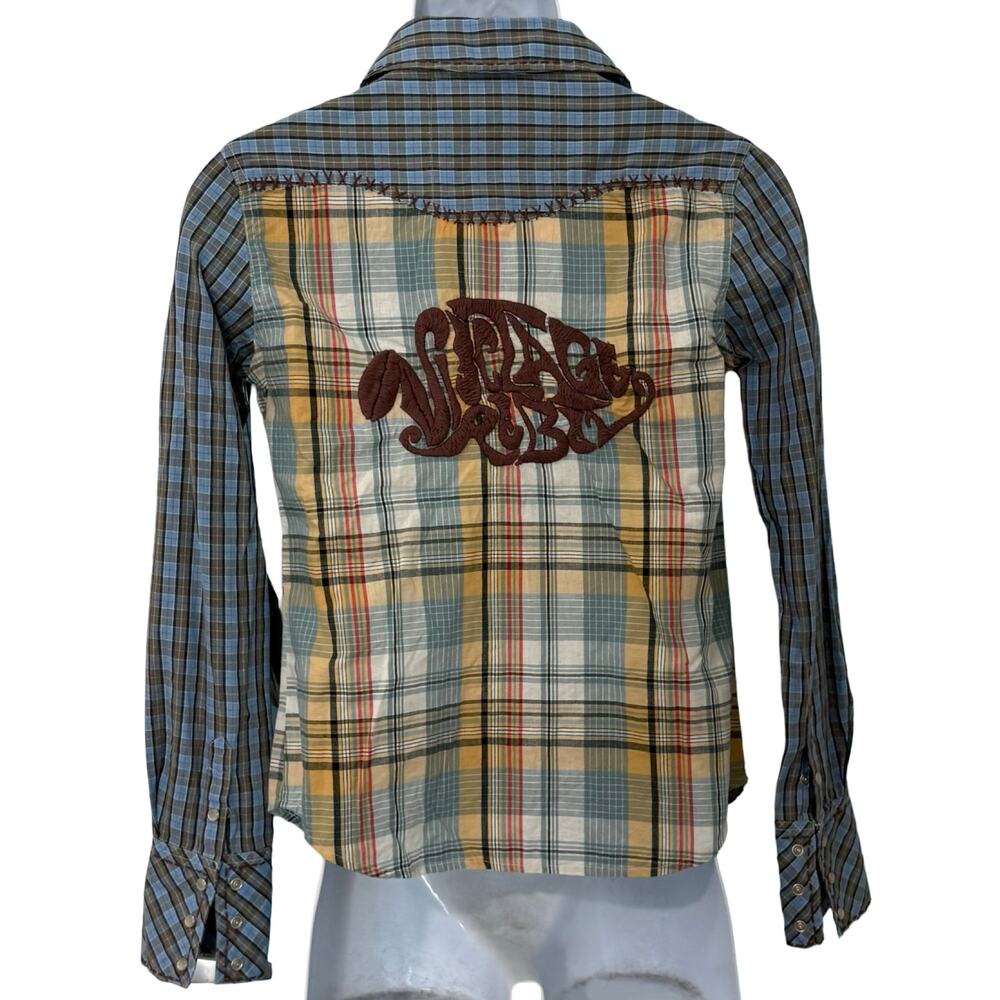 Vintage Rebel Western Blue Yellow Plaid Pearl Snap Collared Shirt size S NEW Tag
